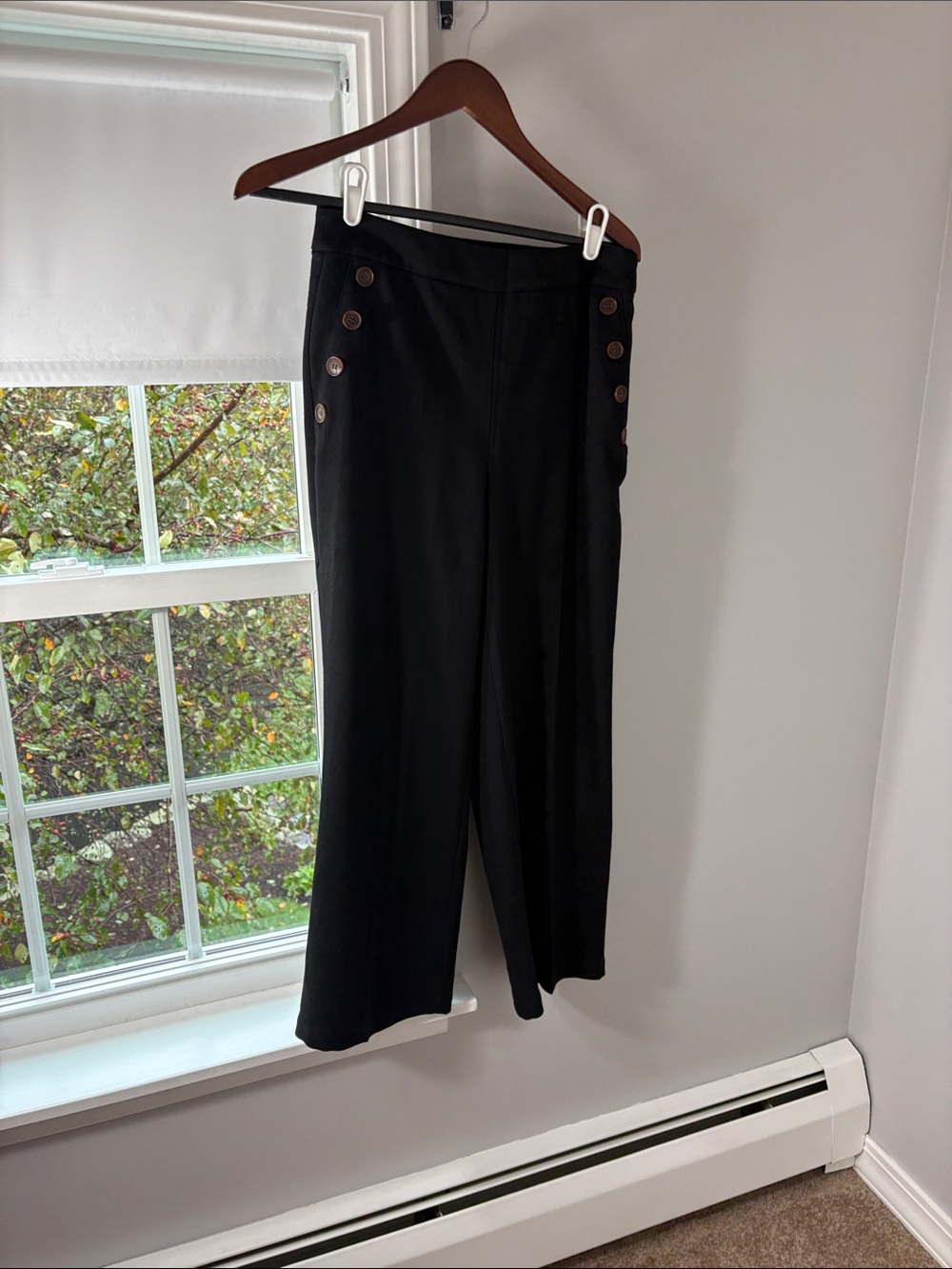 LOFT Black Wide-Leg High-Rise Pants with Side Button Detail